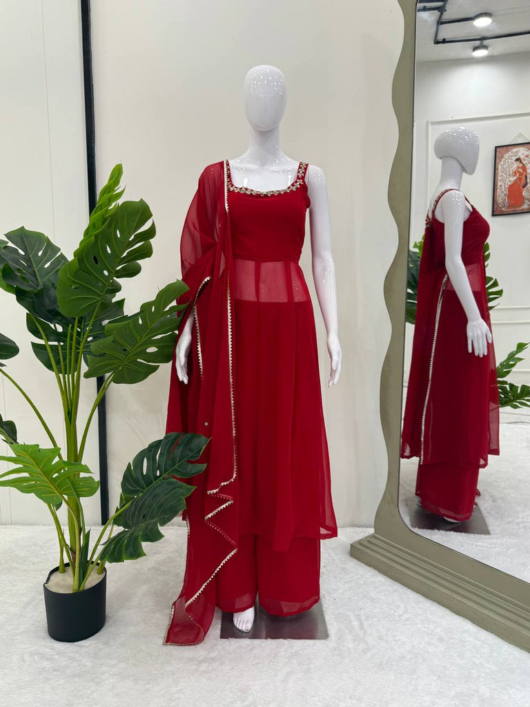 Maroon Elegant Faux Georgette Mirror Work Plazo Set with Dupatta – Handwork Detailing, Fully Stitched ClothsVilla