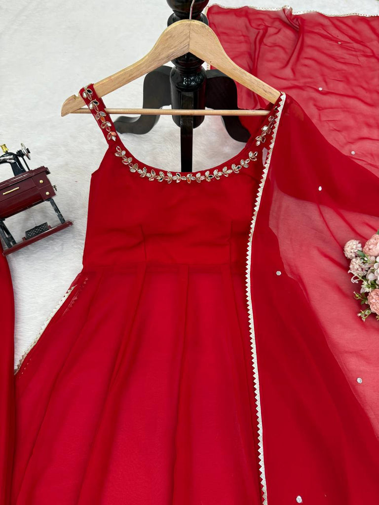 Maroon Elegant Faux Georgette Mirror Work Plazo Set with Dupatta – Handwork Detailing, Fully Stitched ClothsVilla