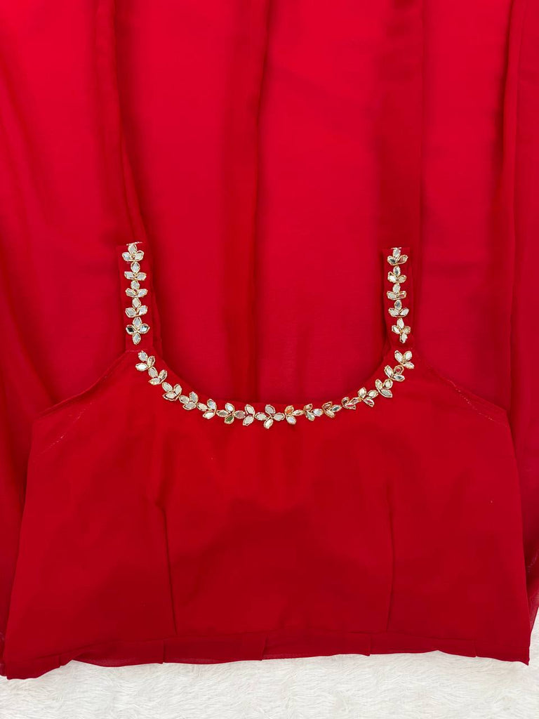 Maroon Elegant Faux Georgette Mirror Work Plazo Set with Dupatta – Handwork Detailing, Fully Stitched ClothsVilla