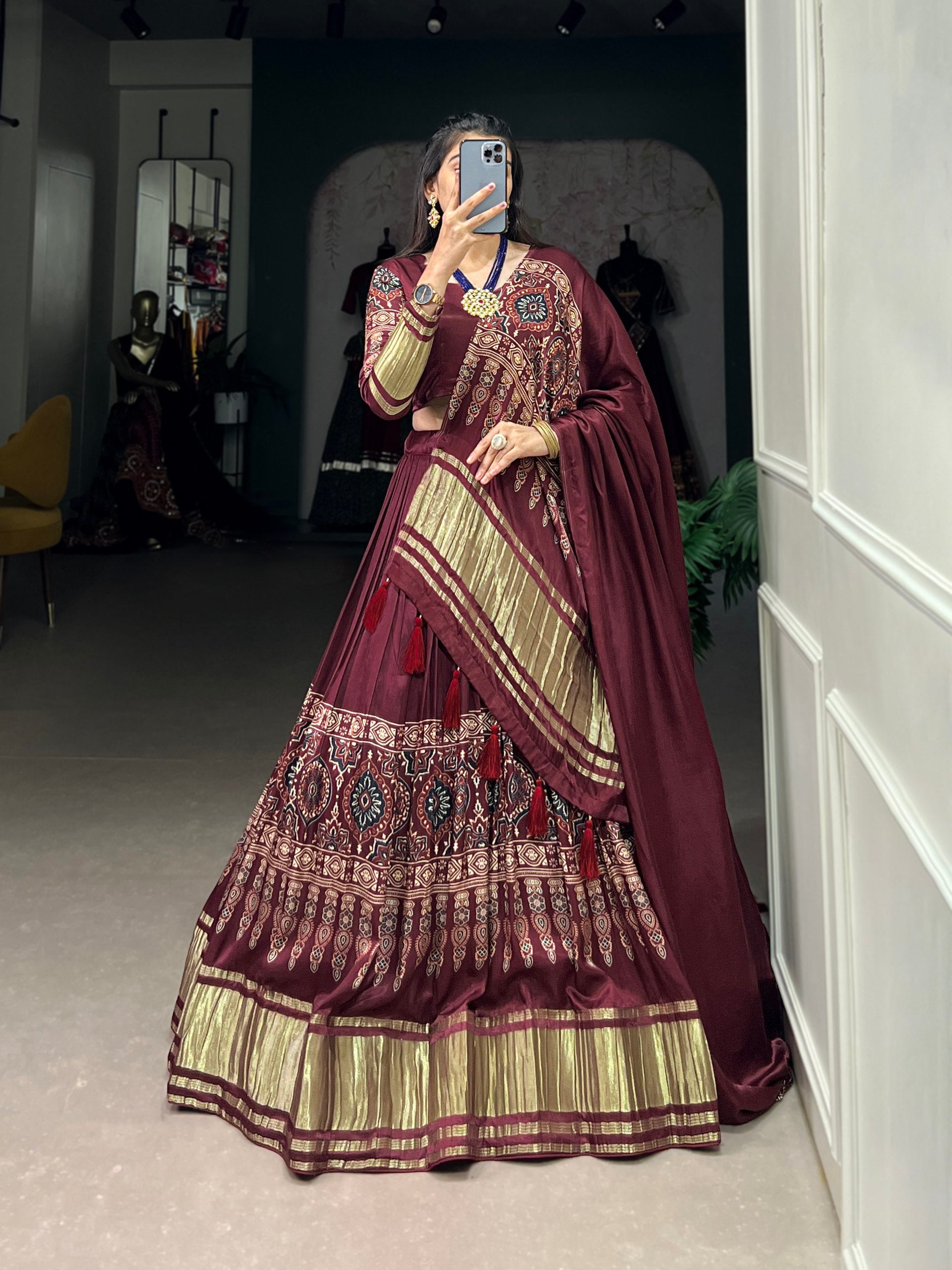 Maroon Elegant Gaji Silk Lehenga Set with Digital Print and Tassels – Perfect for Every Occasion Main image