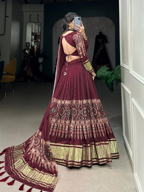 Maroon Elegant Gaji Silk Lehenga Set with Digital Print and Tassels – Perfect for Every Occasion