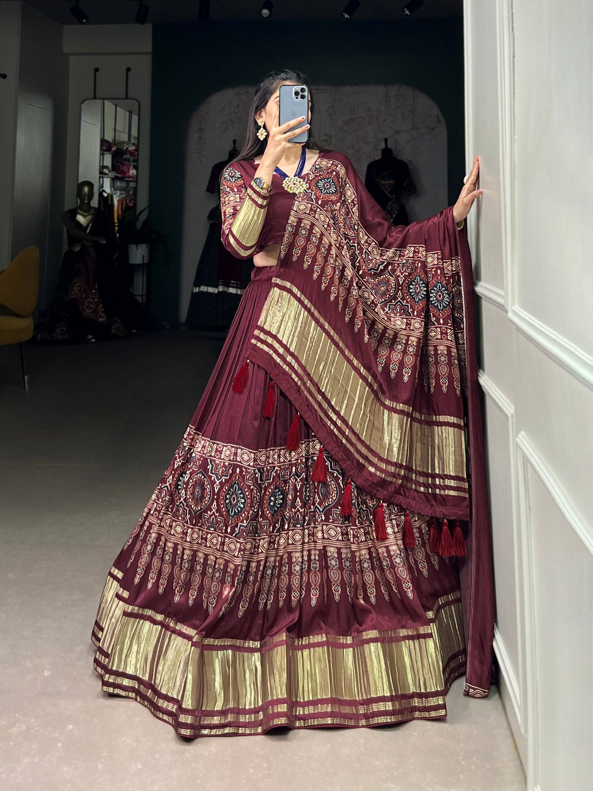 Maroon Elegant Gaji Silk Lehenga Set with Digital Print and Tassels – Perfect for Every Occasion Secondary image