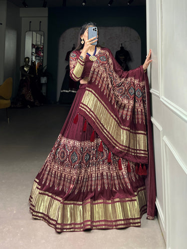 Maroon Elegant Gaji Silk Lehenga Set with Digital Print and Tassels – Perfect for Every Occasion