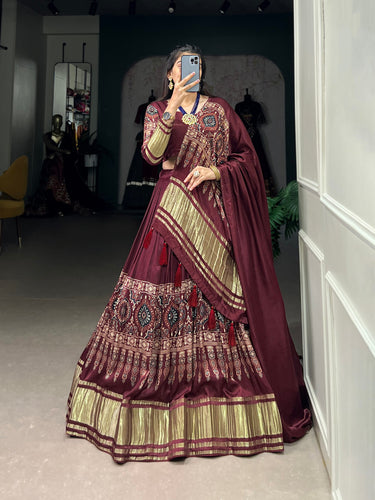Maroon Elegant Gaji Silk Lehenga Set with Digital Print and Tassels – Perfect for Every Occasion