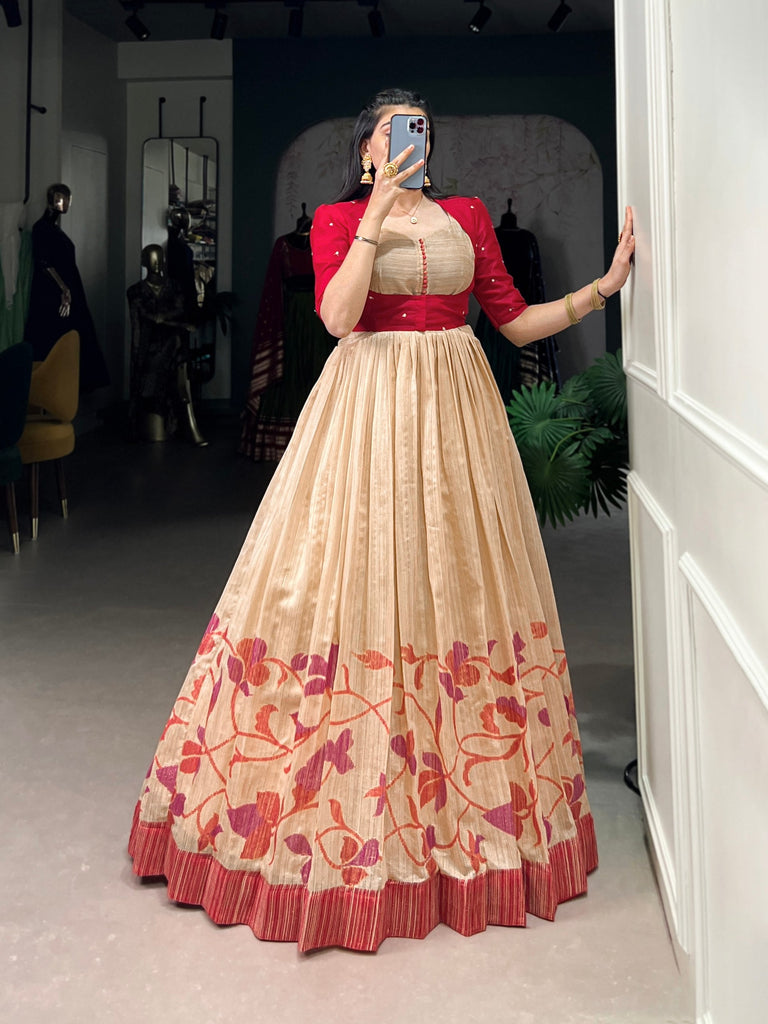 Maroon Elegant Green Silk Printed Gown with Embroidered Banglory Koti ClothsVilla