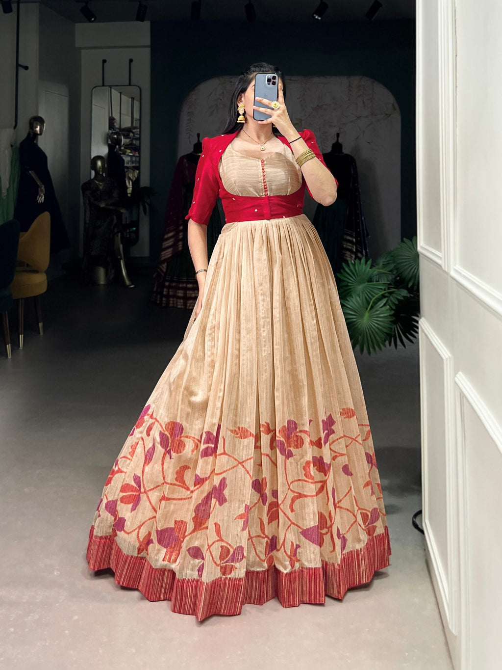 Maroon Elegant Green Silk Printed Gown with Embroidered Banglory Koti ClothsVilla