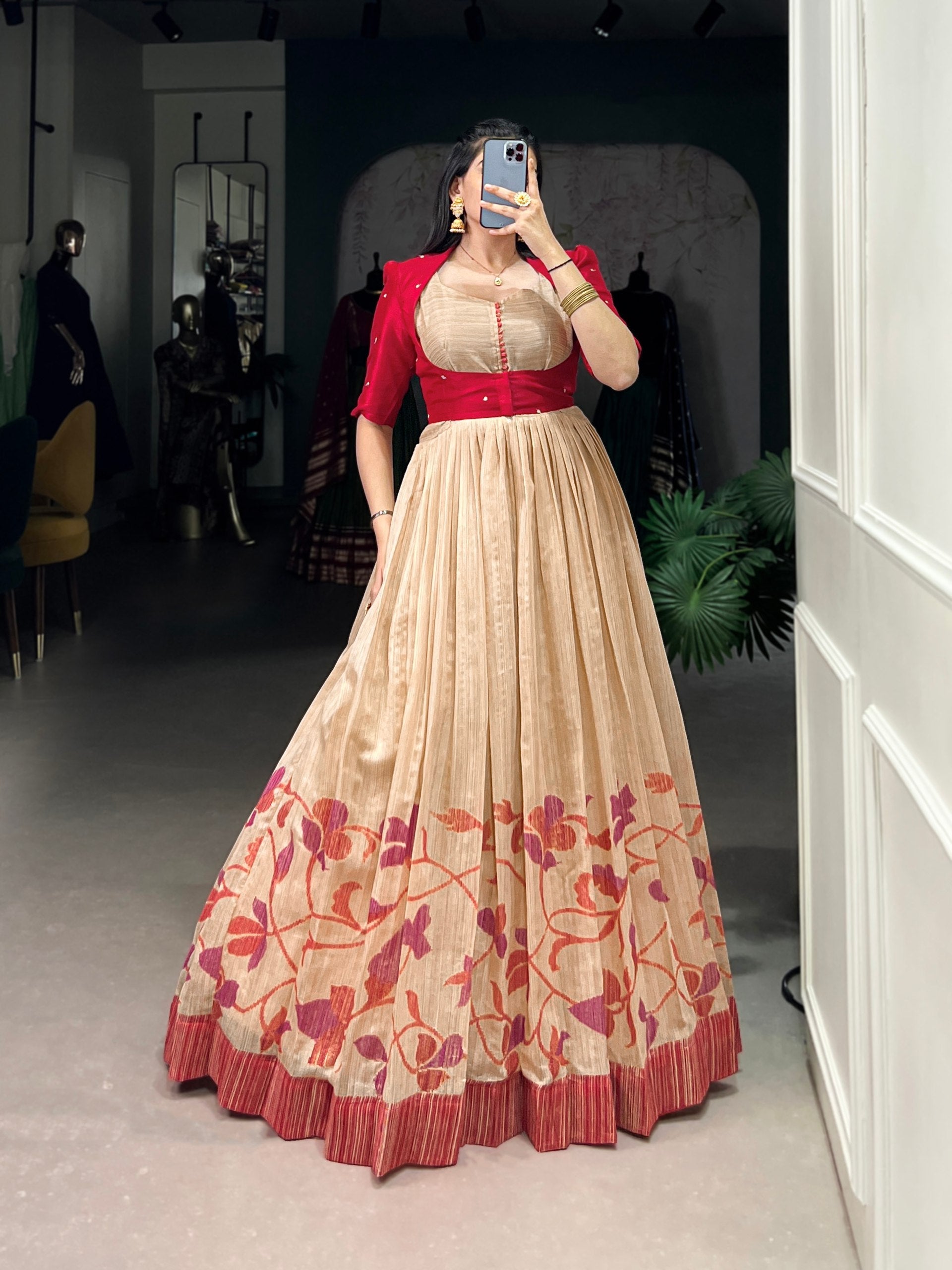Maroon Elegant Green Silk Printed Gown with Embroidered Banglory Koti ClothsVilla