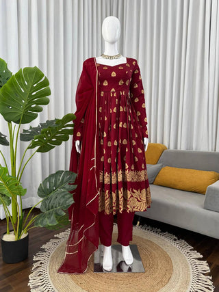Maroon Elegant Jacquard Anarkali Set with Pant & Dupatta ClothsVilla