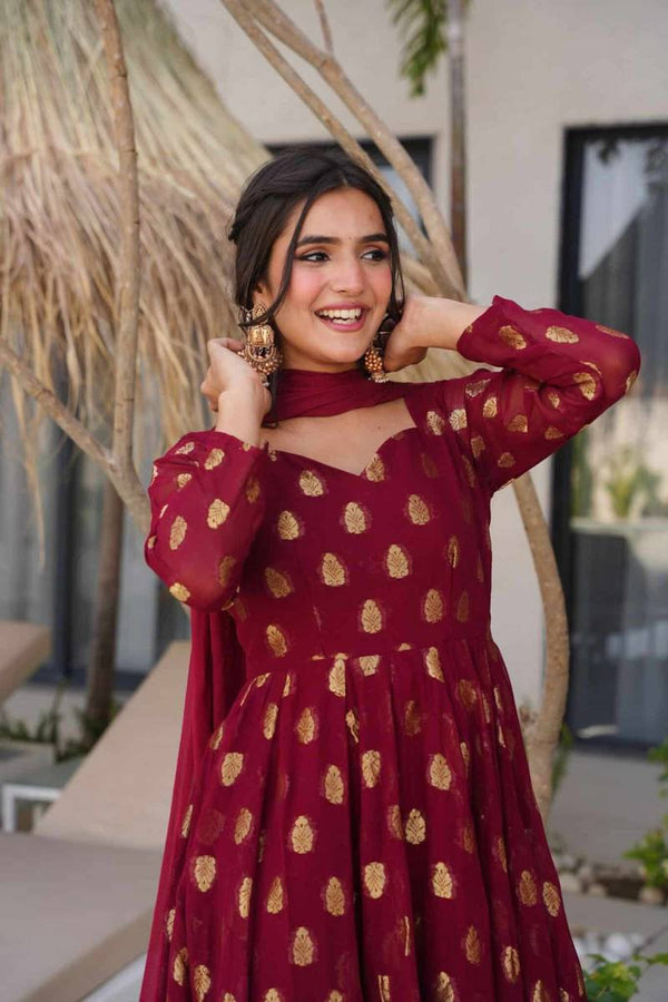 Maroon Elegant Jacquard Anarkali Set with Pant & Dupatta ClothsVilla