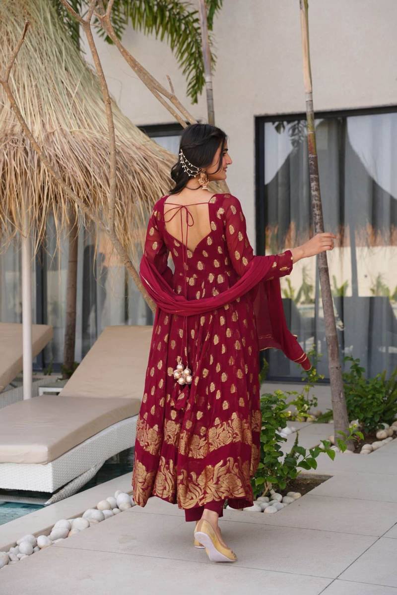 Maroon Elegant Jacquard Anarkali Set with Pant & Dupatta ClothsVilla