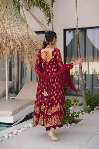 Maroon Elegant Jacquard Anarkali Set with Pant & Dupatta ClothsVilla