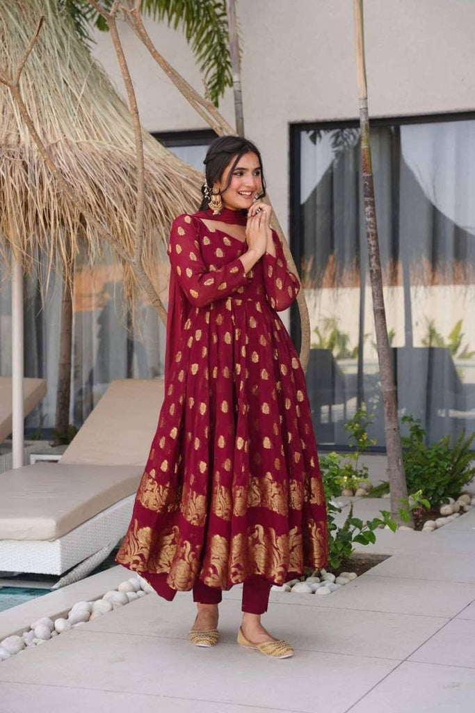 Maroon Elegant Jacquard Anarkali Set with Pant & Dupatta ClothsVilla