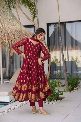 Maroon Elegant Jacquard Anarkali Set with Pant & Dupatta ClothsVilla