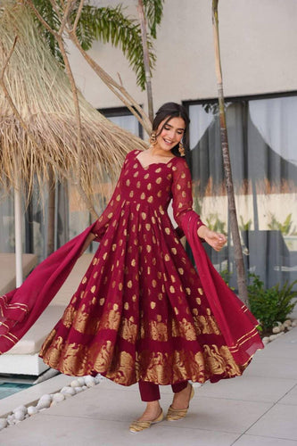 Maroon Elegant Jacquard Anarkali Set with Pant & Dupatta ClothsVilla