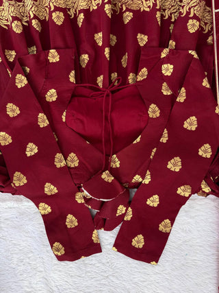 Maroon Elegant Jacquard Anarkali Set with Pant & Dupatta ClothsVilla