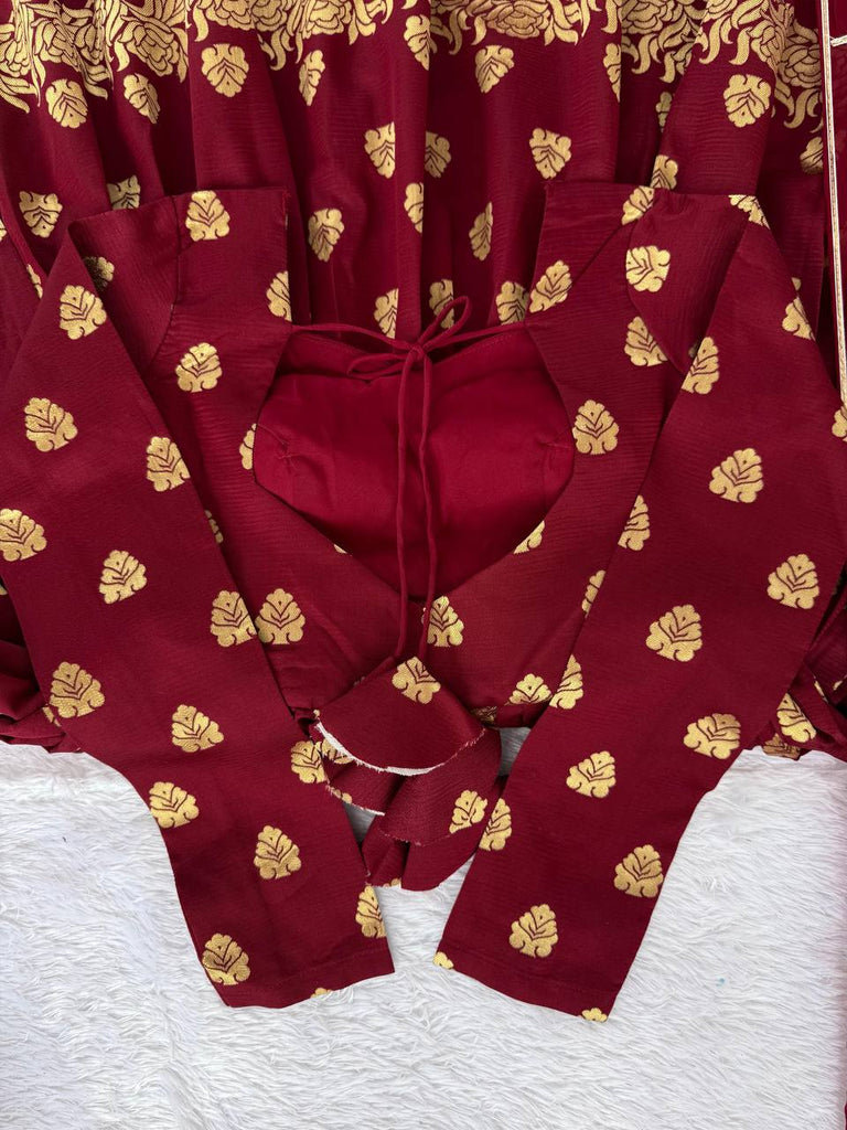 Maroon Elegant Jacquard Anarkali Set with Pant & Dupatta ClothsVilla