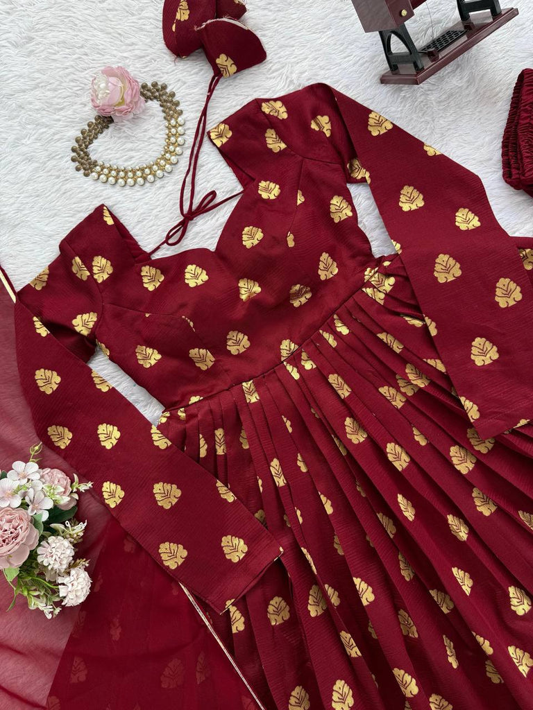 Maroon Elegant Jacquard Anarkali Set with Pant & Dupatta ClothsVilla