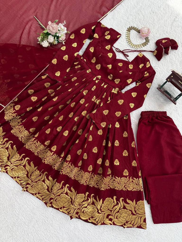 Maroon Elegant Jacquard Anarkali Set with Pant & Dupatta ClothsVilla