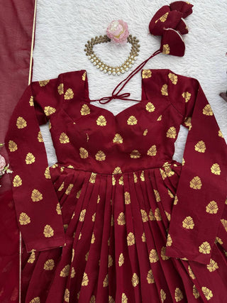 Maroon Elegant Jacquard Anarkali Set with Pant & Dupatta ClothsVilla