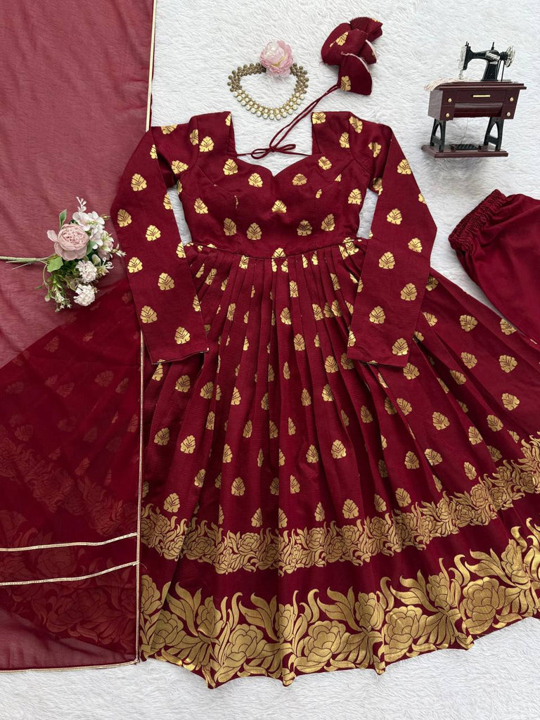 Maroon Elegant Jacquard Anarkali Set with Pant & Dupatta ClothsVilla