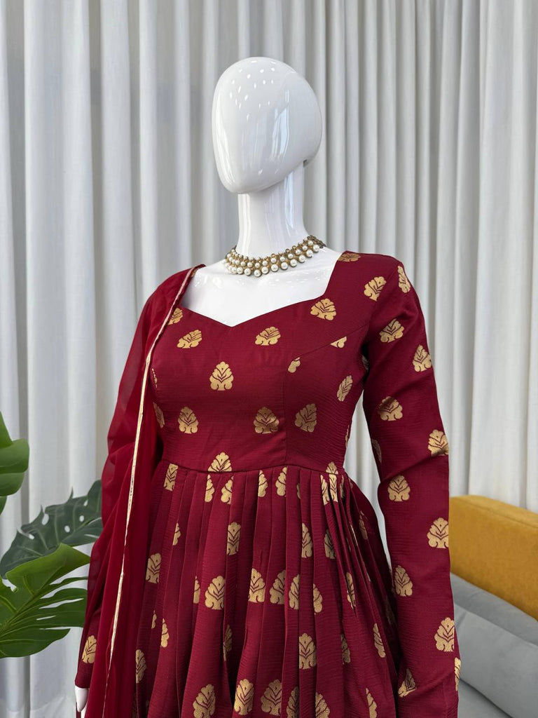 Maroon Elegant Jacquard Anarkali Set with Pant & Dupatta ClothsVilla