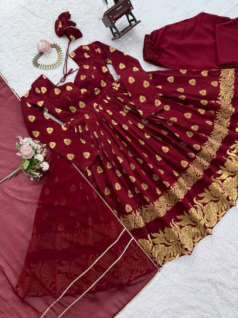 Maroon Elegant Jacquard Anarkali Set with Pant & Dupatta ClothsVilla