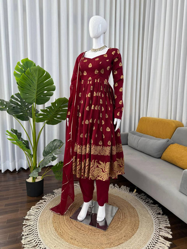 Maroon Elegant Jacquard Anarkali Set with Pant & Dupatta ClothsVilla