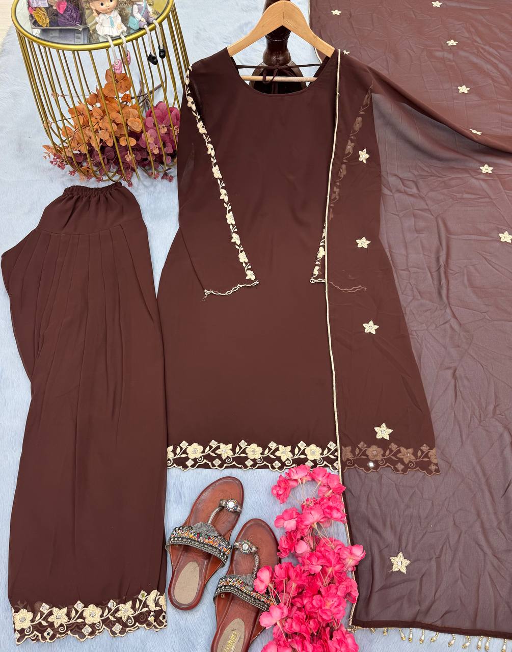 Maroon Elegant Mirror Work Faux Georgette Set Embroidered Top, Farshi Plazzo & Dupatta ClothsVilla Main image