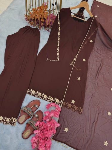 Maroon Elegant Mirror Work Faux Georgette Set Embroidered Top, Farshi Plazzo & Dupatta ClothsVilla