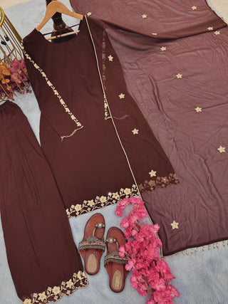 Maroon Elegant Mirror Work Faux Georgette Set Embroidered Top, Farshi Plazzo & Dupatta ClothsVilla