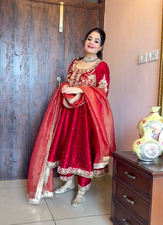 Maroon Elegant Party Wear Pure Chinon Silk Anarkali Gown with Dupatta & Pant Palazzo Set