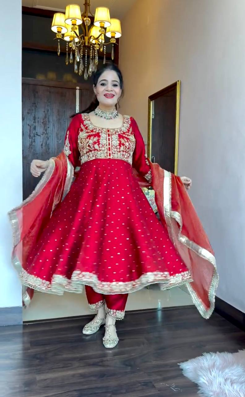 Maroon Elegant Party Wear Pure Chinon Silk Anarkali Gown with Dupatta & Pant Palazzo Set