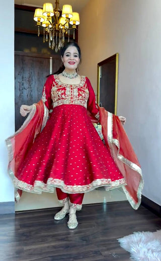 Maroon Elegant Party Wear Pure Chinon Silk Anarkali Gown with Dupatta & Pant Palazzo Set