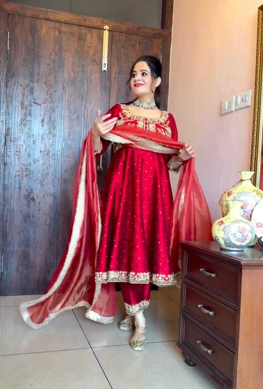 Maroon Elegant Party Wear Pure Chinon Silk Anarkali Gown with Dupatta & Pant Palazzo Set