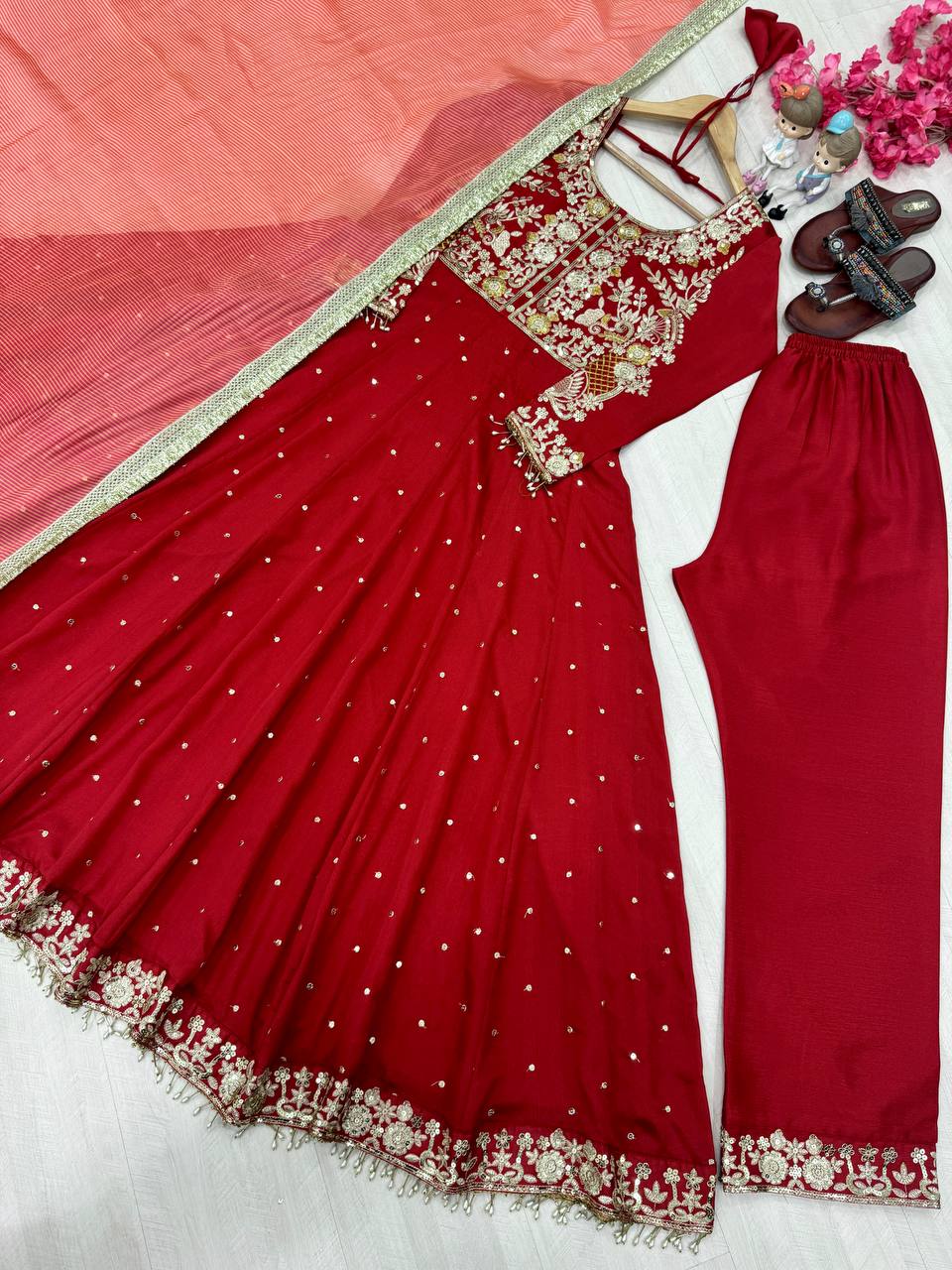 Maroon Elegant Party Wear Pure Chinon Silk Anarkali Gown with Dupatta & Pant Palazzo Set