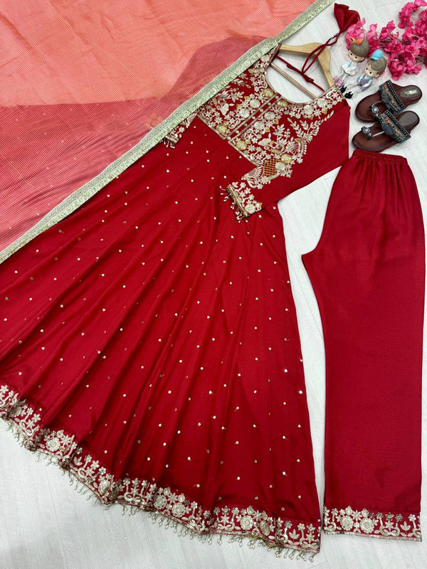 Maroon Elegant Party Wear Pure Chinon Silk Anarkali Gown with Dupatta & Pant Palazzo Set