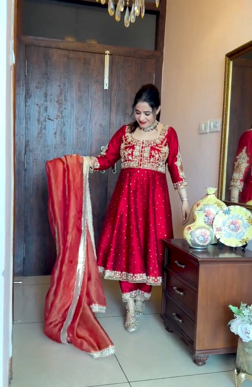 Maroon Elegant Party Wear Pure Chinon Silk Anarkali Gown with Dupatta & Pant Palazzo Set