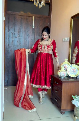 Maroon Elegant Party Wear Pure Chinon Silk Anarkali Gown with Dupatta & Pant Palazzo Set