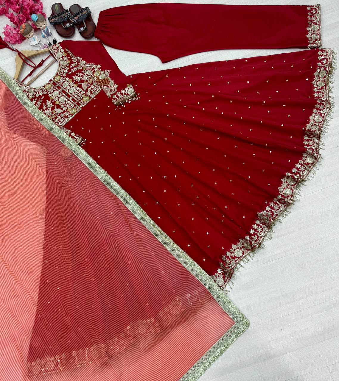 Maroon Elegant Party Wear Pure Chinon Silk Anarkali Gown with Dupatta & Pant Palazzo Set