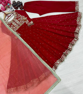 Maroon Elegant Party Wear Pure Chinon Silk Anarkali Gown with Dupatta & Pant Palazzo Set