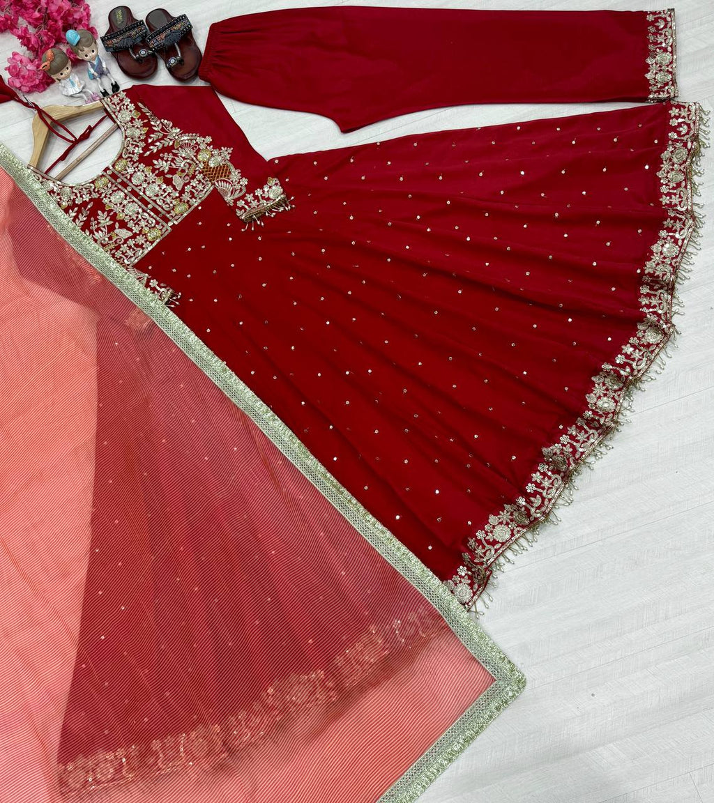 Maroon Elegant Party Wear Pure Chinon Silk Anarkali Gown with Dupatta & Pant Palazzo Set