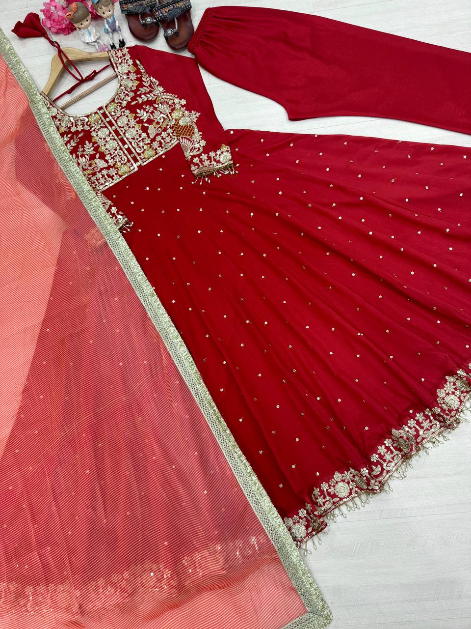 Maroon Elegant Party Wear Pure Chinon Silk Anarkali Gown with Dupatta & Pant Palazzo Set