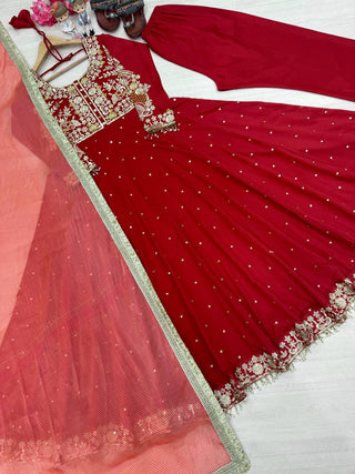 Maroon Elegant Party Wear Pure Chinon Silk Anarkali Gown with Dupatta & Pant Palazzo Set