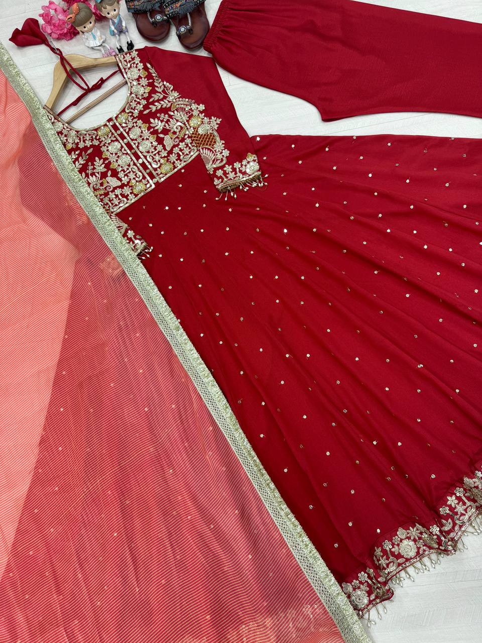 Maroon Elegant Party Wear Pure Chinon Silk Anarkali Gown with Dupatta & Pant Palazzo Set