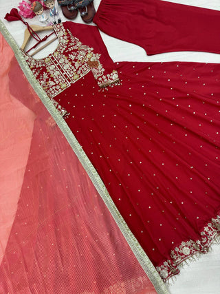Maroon Elegant Party Wear Pure Chinon Silk Anarkali Gown with Dupatta & Pant Palazzo Set