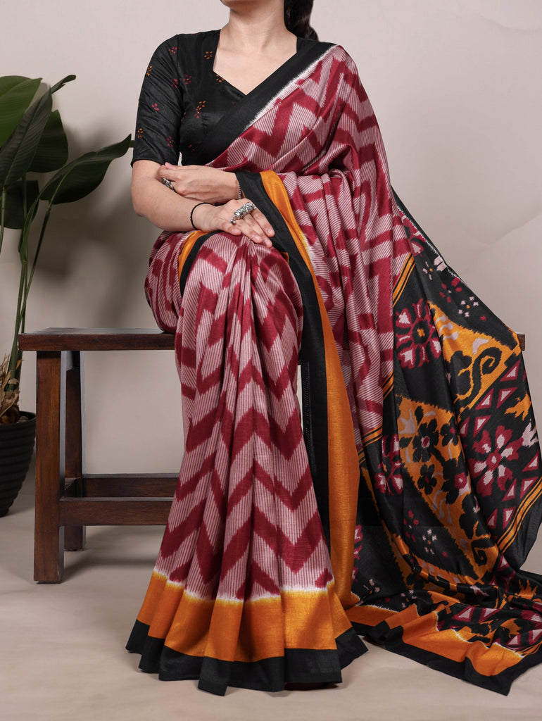 Maroon Elegant Printed Tasar Silk Saree with Matching Unstitched Blouse ClothsVilla