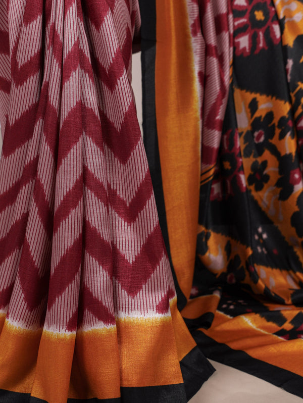 Maroon Elegant Printed Tasar Silk Saree with Matching Unstitched Blouse ClothsVilla