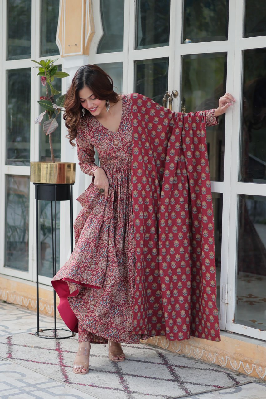 Maroon Elegant Pure Cotton Suit Set with Dupatta – Comfort Meets Style ClothsVilla