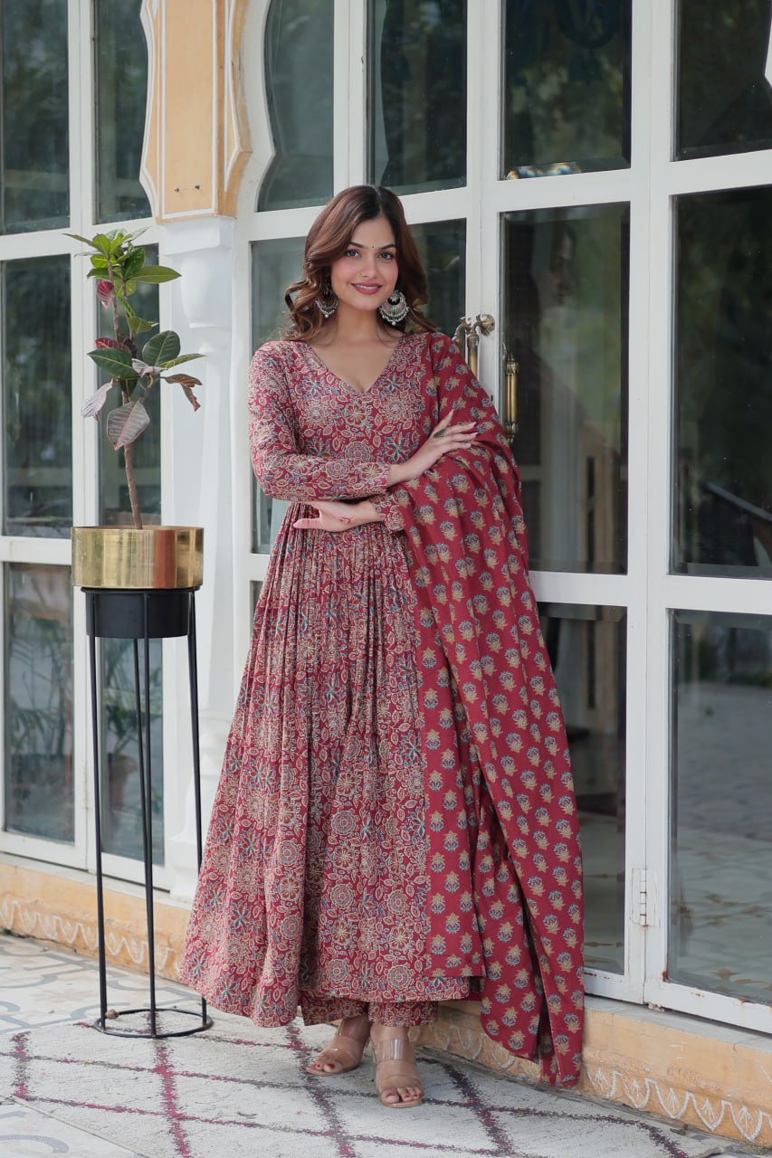 Maroon Elegant Pure Cotton Suit Set with Dupatta – Comfort Meets Style ClothsVilla
