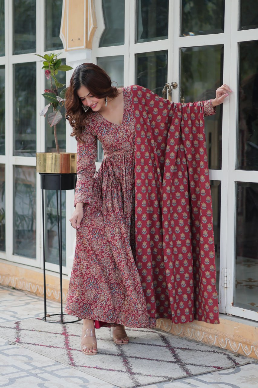 Maroon Elegant Pure Cotton Suit Set with Dupatta – Comfort Meets Style ClothsVilla